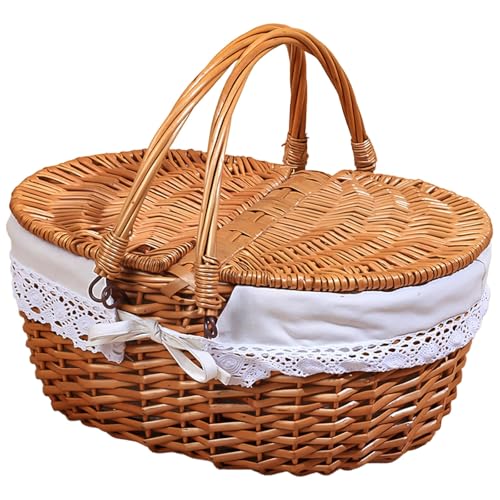 Handwoven Wicker Picnic Basket with Lid (Wood Color)